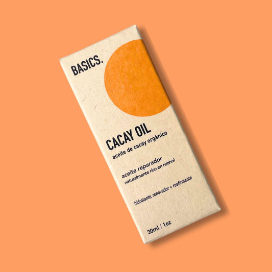 la caja del aceite de cacay 30ml con fondo plano