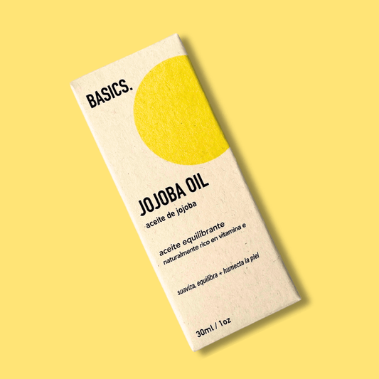 Aceite de jojoba en caja 30ml con fondo plano.
