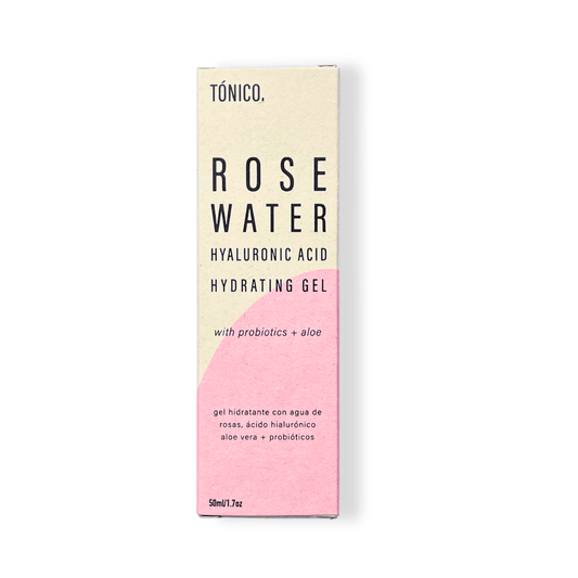 Gel Facial de Ácido Hialurónico con Agua de Rosas con fondo blanco.