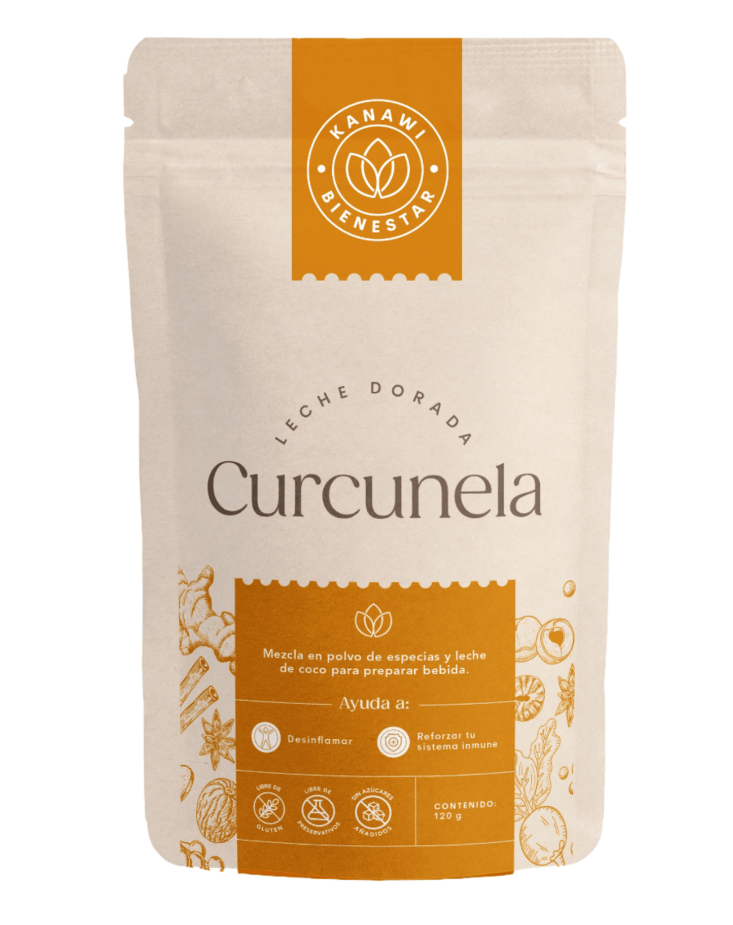 leche dorada en polvo curcunela de kanawii con fondo plano color blanco