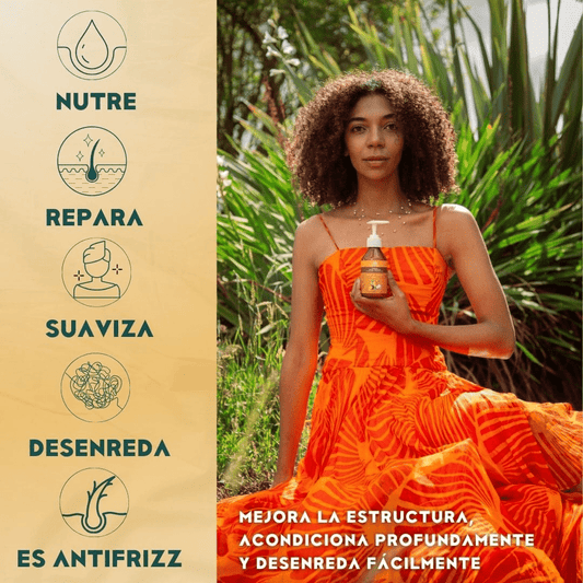 una mujer con la crema para peinar en su manos con texto explicando los beneficios