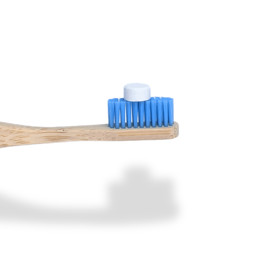 Pastilla Dental encima un cepillo de dientes con fondo blanco.