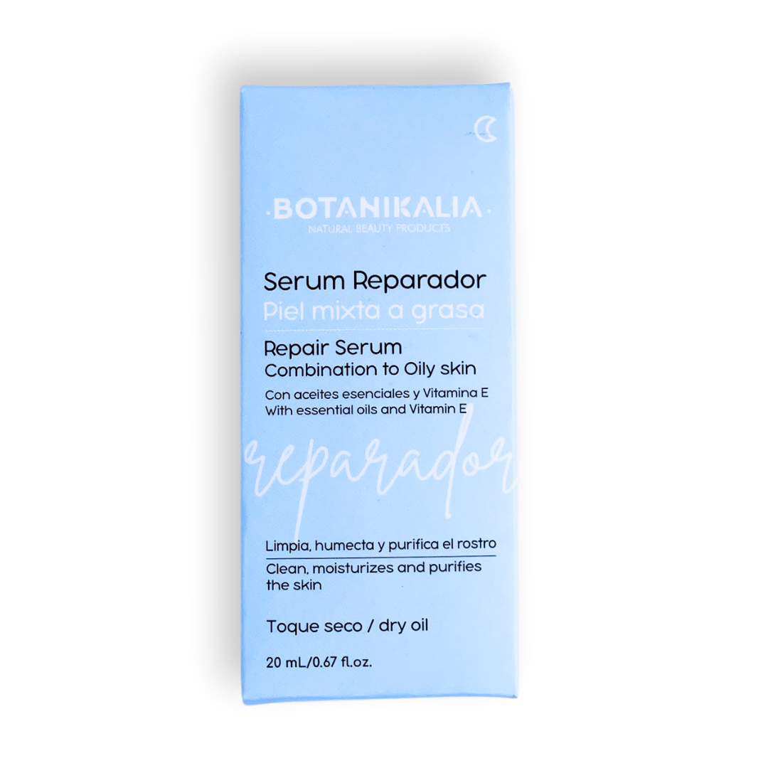 Sérum Facial Reparador Piel Mixta de Botanikalia en su caja con fondo blanco