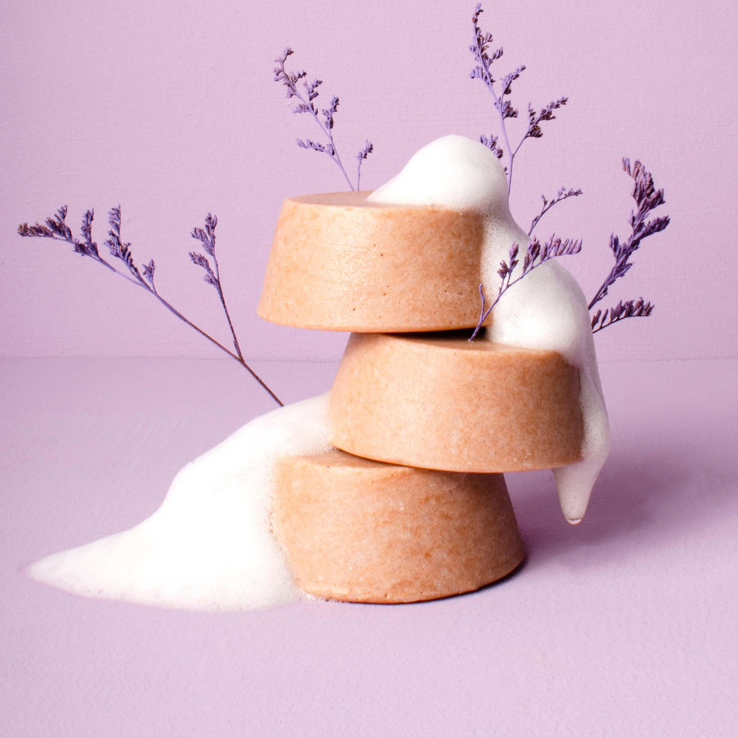 tres shampoos de lavanda con una planta de lavanda y espuma.