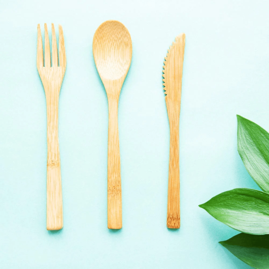Utensilios de bambú un tenedor, cuchillo y cuchara con una planta y fondo color menta