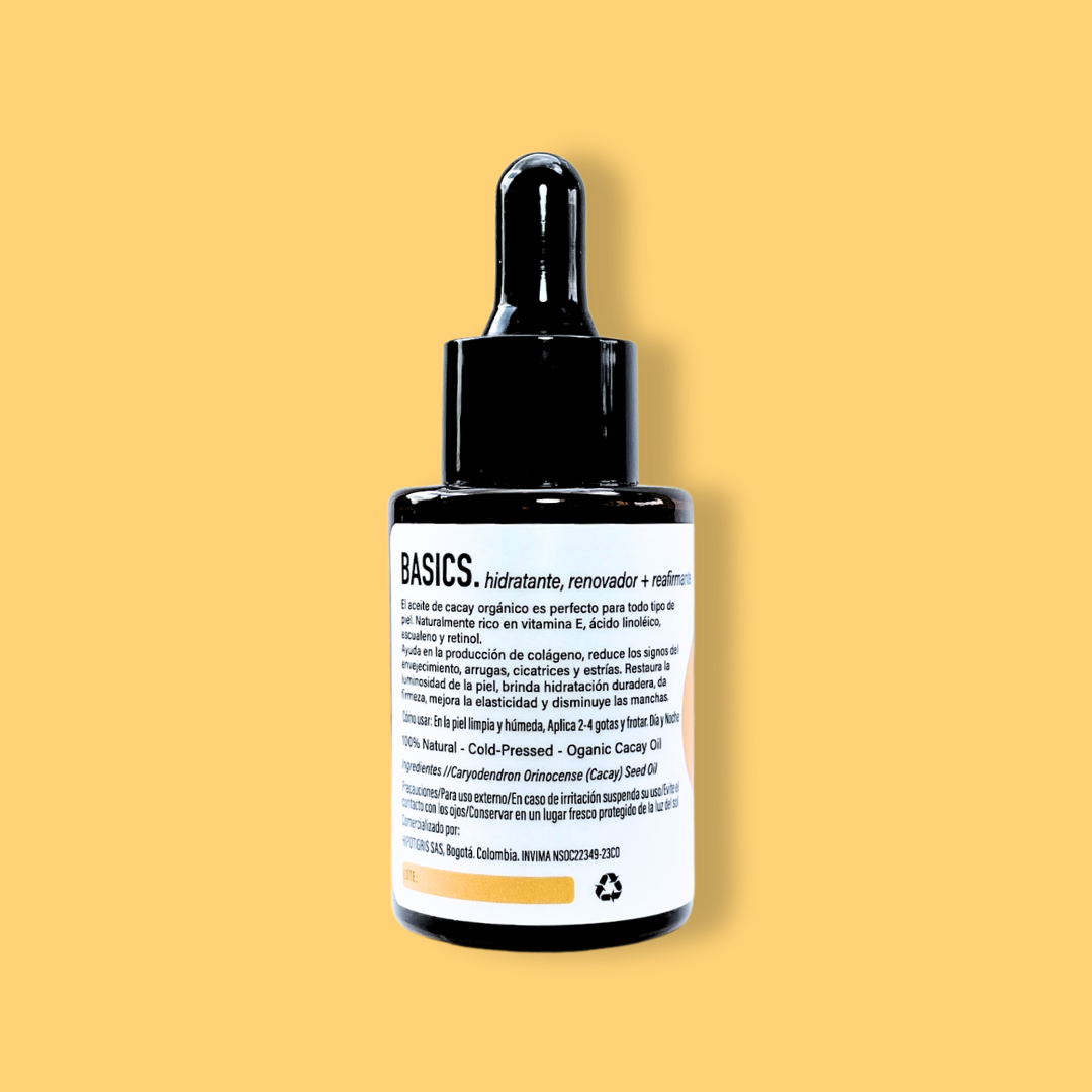 al parte atras del aceite de cacay de 30ml con fondo plano