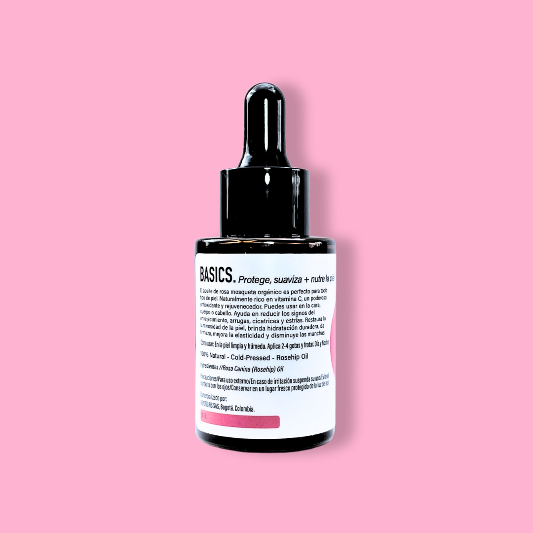 parte atras del botella de Aceite de rosa mosqueta