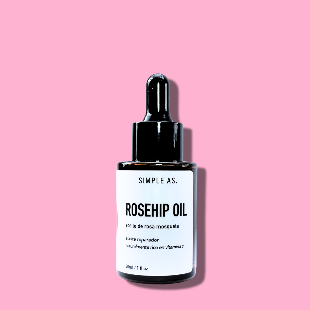 Aceite de rosa mosqueta con fondo plano de Simple As.
