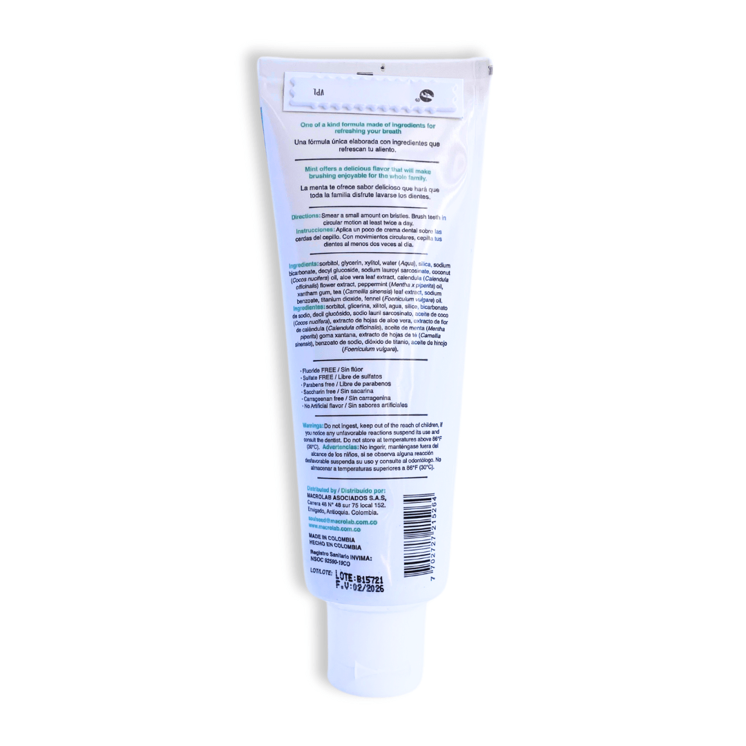 la crema dental natural sin fluor de soul seed parte atras con fondo plano