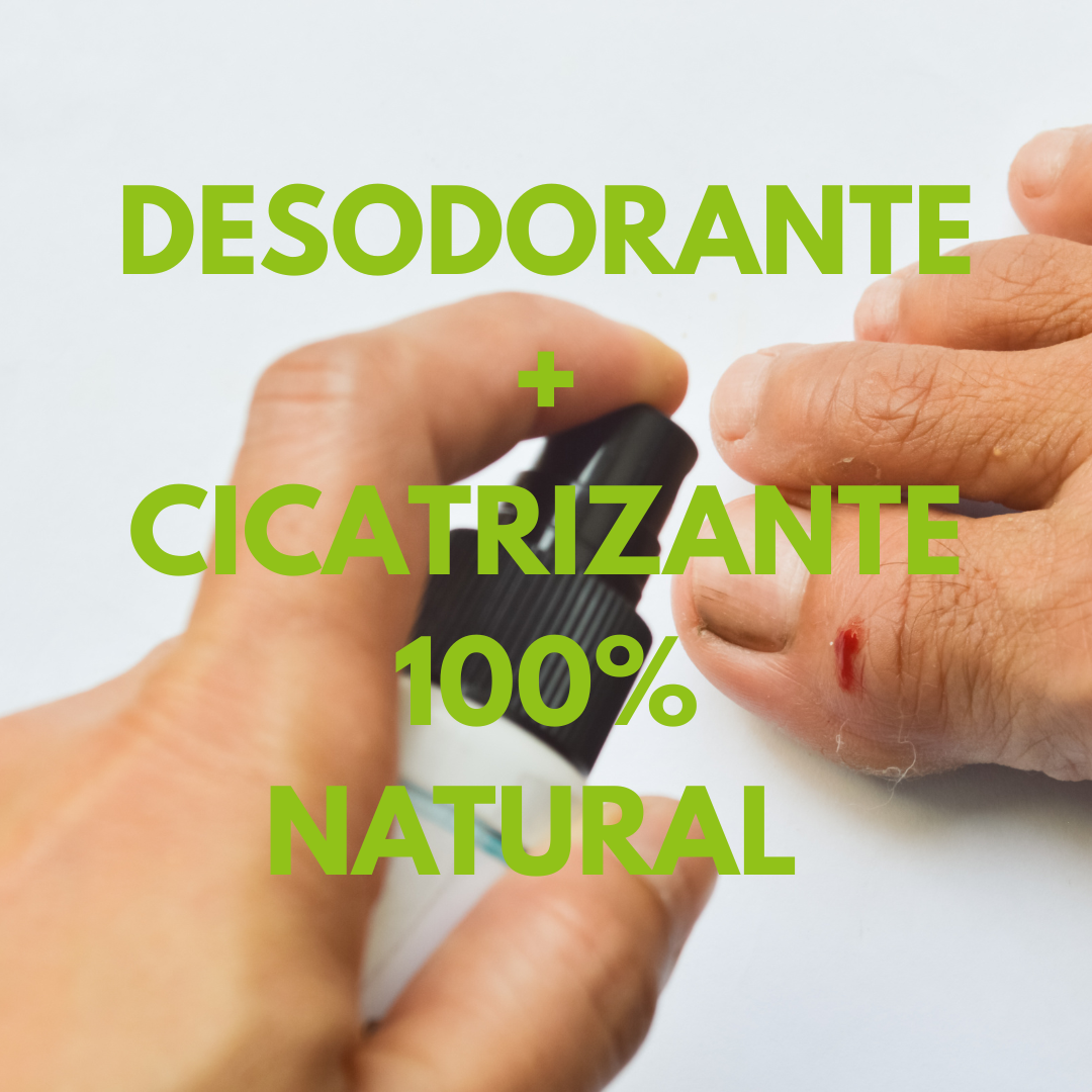 un chico usando el desodorante natural en sus pies. con el text de " desodorante y cicatrizante 100% natural"