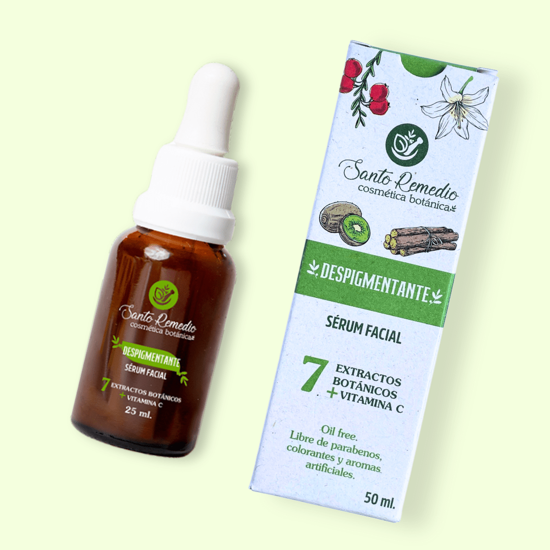 el Sérum Despigmentante Santo Remedio a lado su caja con fondo plano