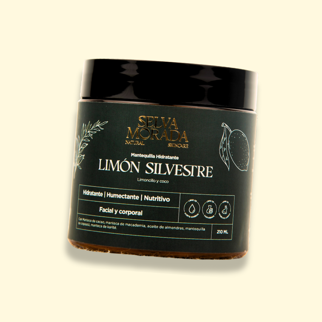 la mantequilla hidratante limon silvestre de selva mora con fondo plano.