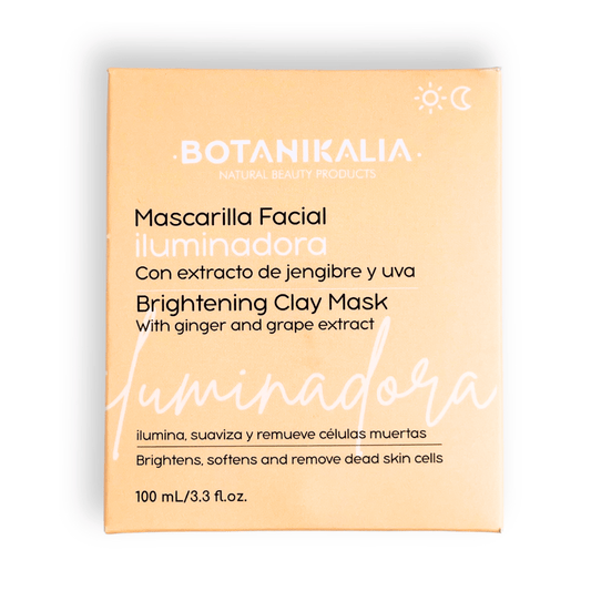 mascarilla facial iluminadora botanikalia en su caja con fondo plano color blanco