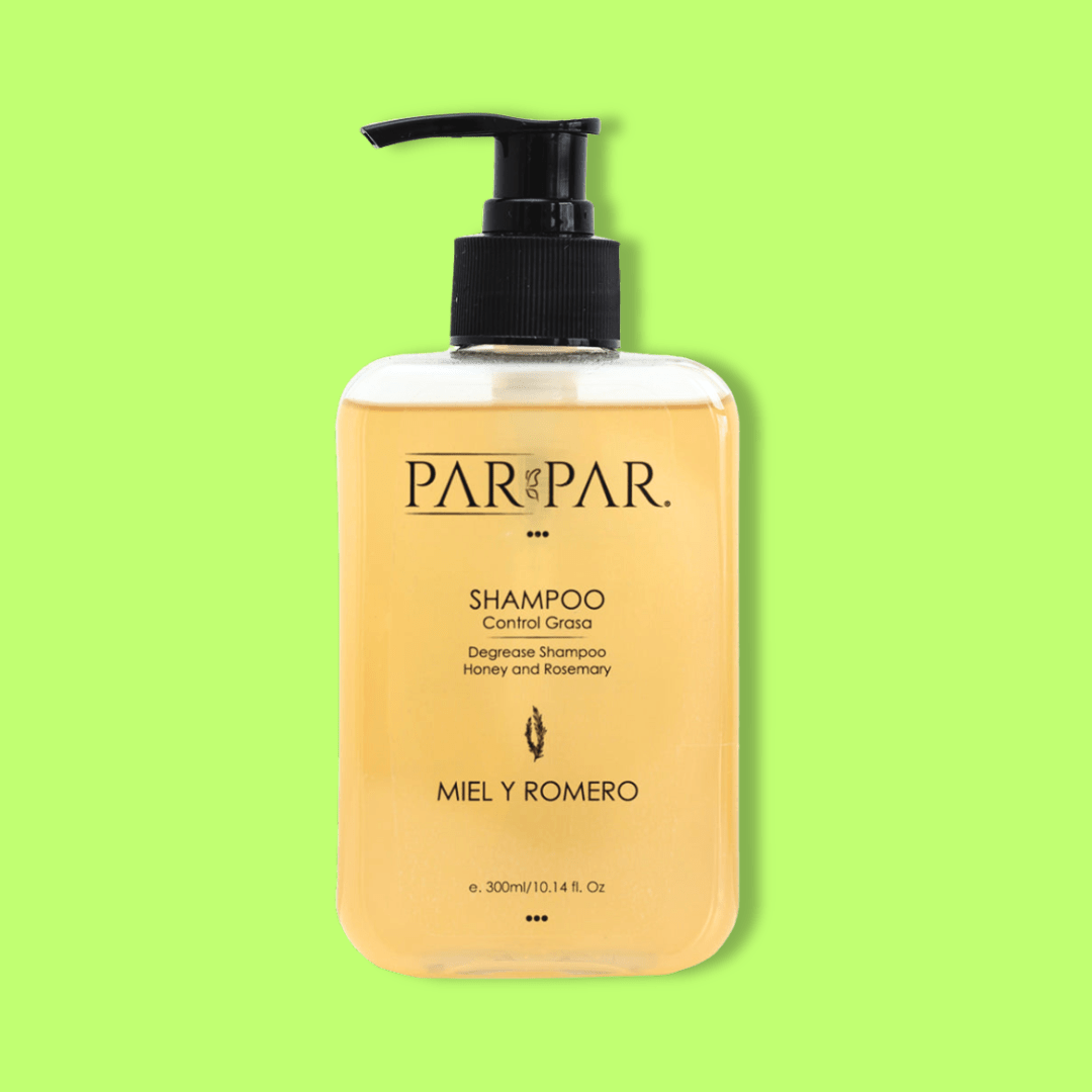 shampoo liquido de miel y romero control de grasa de par par con fondo amarillo verde