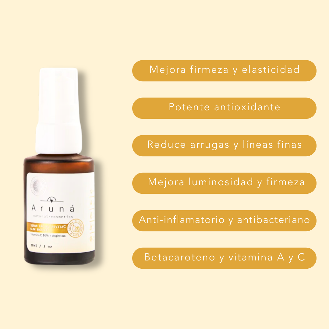 beneficios de Suero facial Revita C de Aruná con fondo plano
