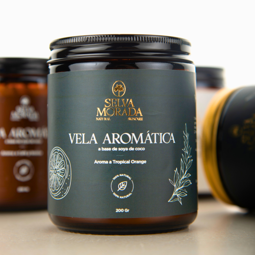vela aromatica selva morada tropical orange con fondo plano