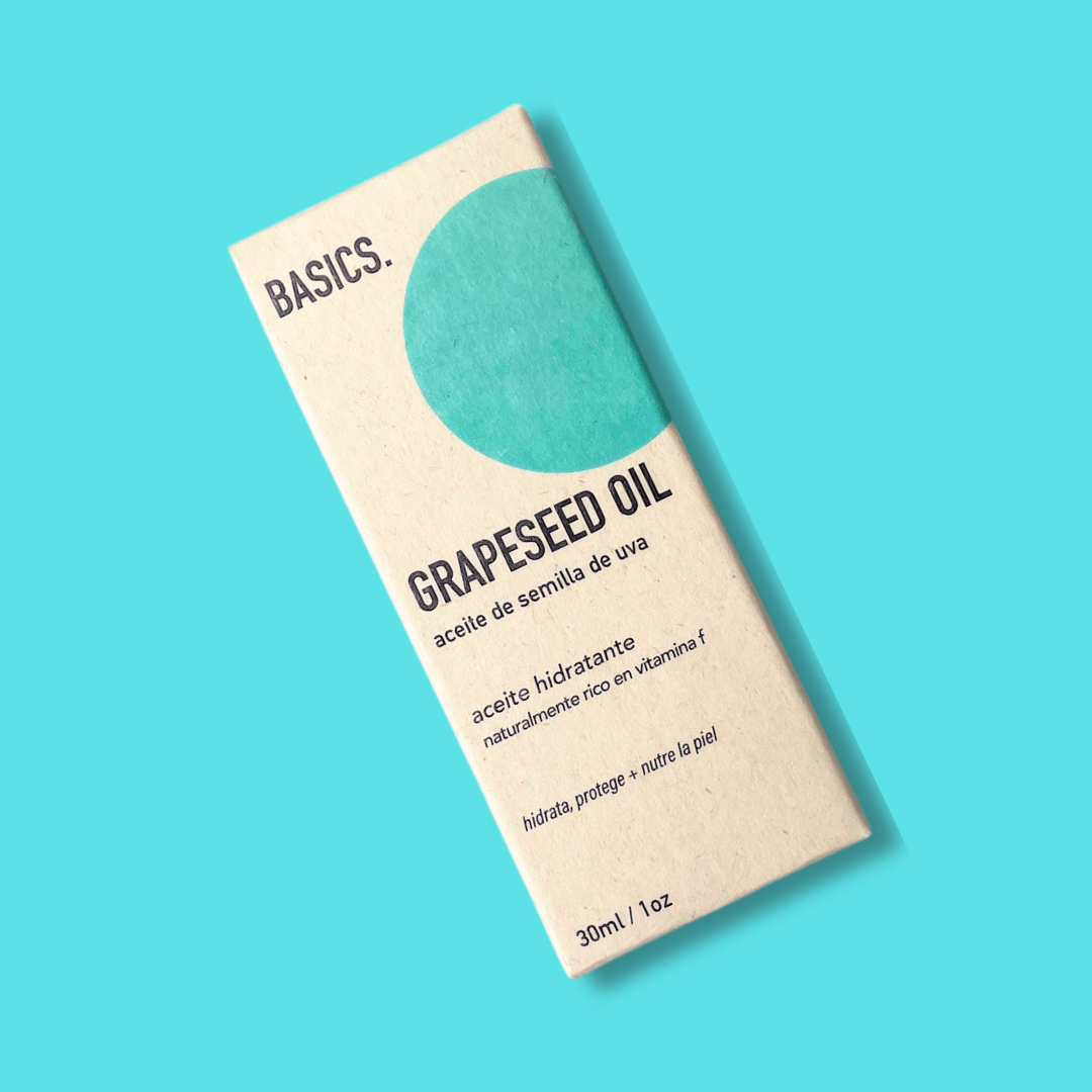 Aceite de semilla de uva en caja 30ml con fondo plano. 
