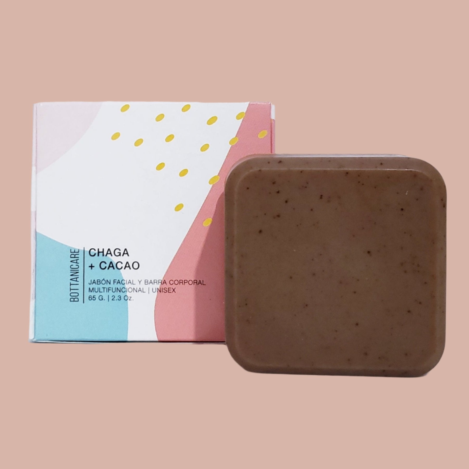 Jabone corporal y facial de bottanicare  de chaga y cacao en caja con fondo cafe claro 