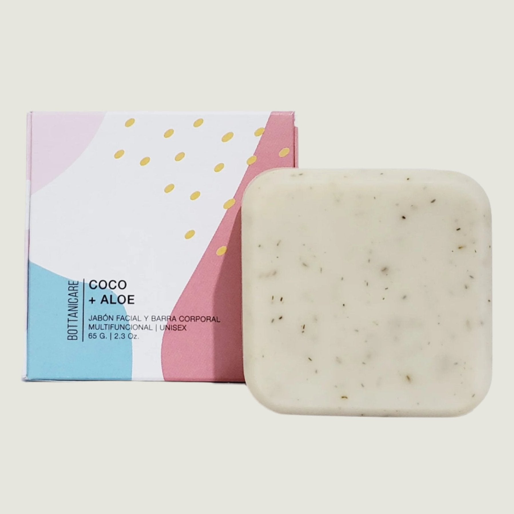 Jabone corporal y facial de bottanicare  de coco y aloe en caja con fondo blanco 
