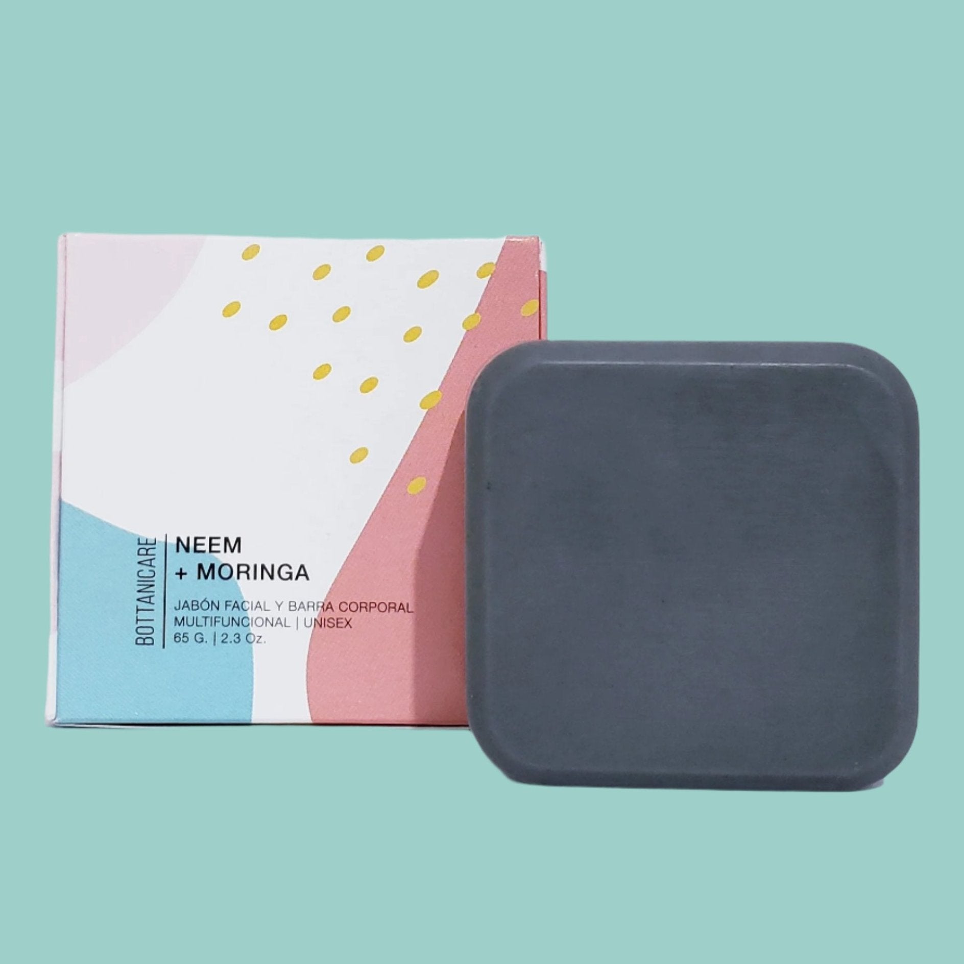 Jabone corporal y facial de bottanicare  de neem y moringa sin caja con fondo verde menta 