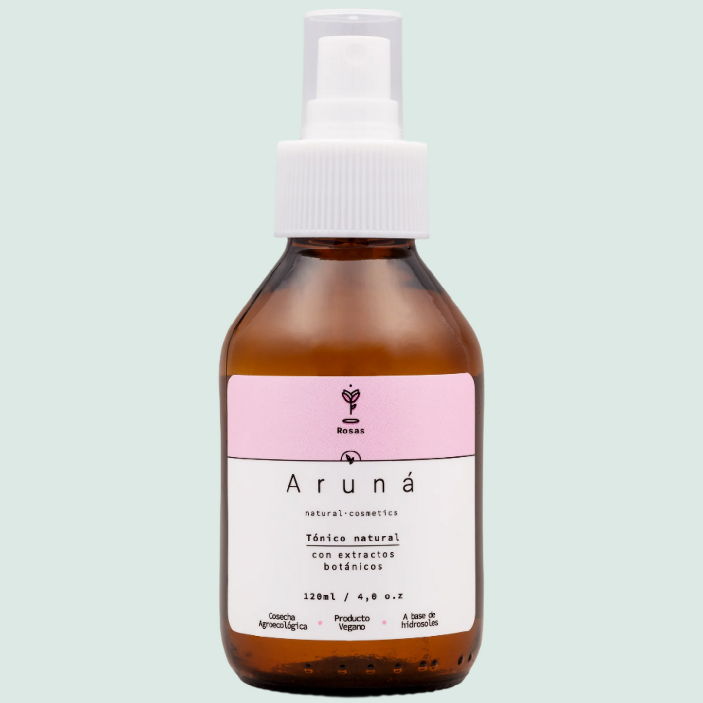 Tónico facial agua de rosas de aruná con fondo plano. 