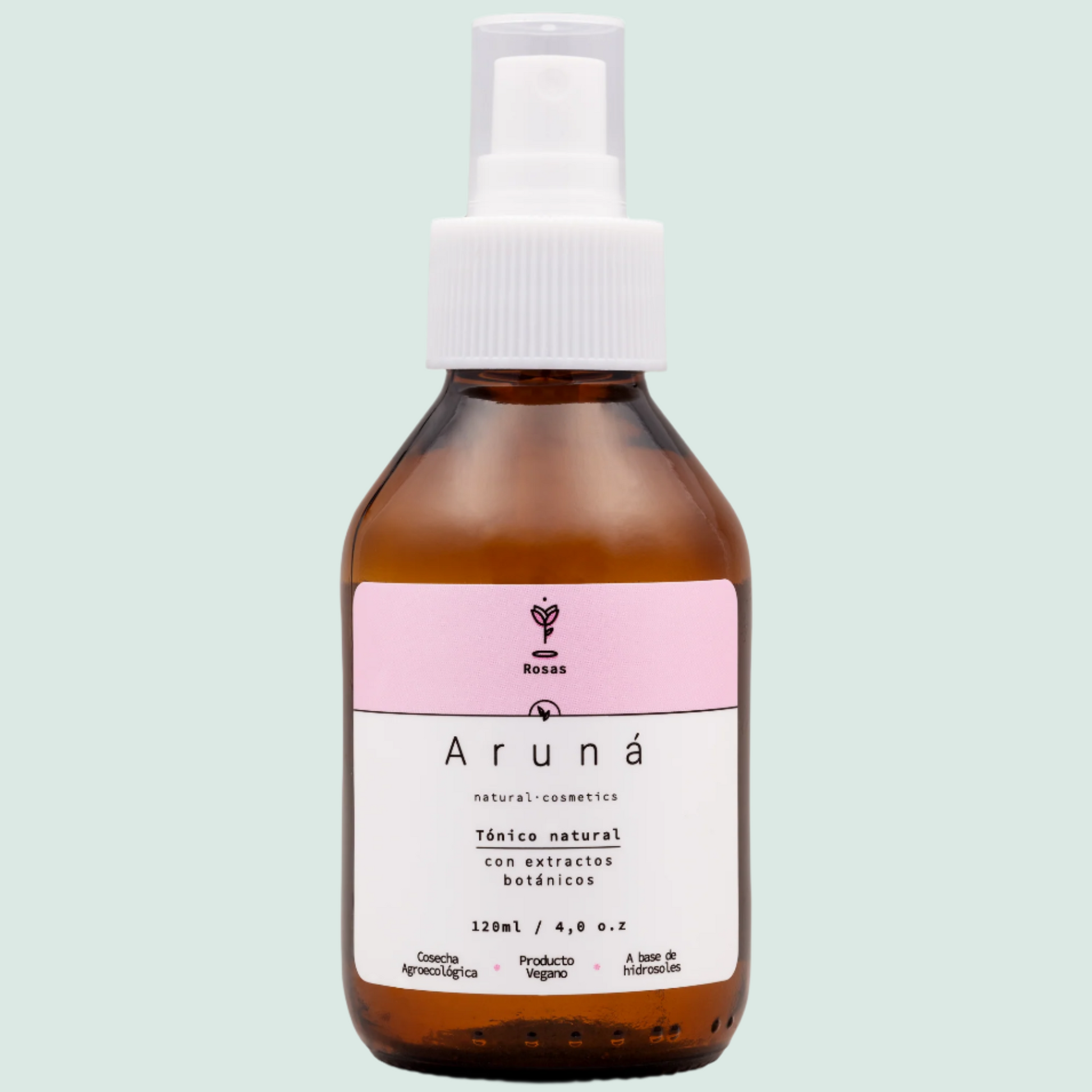Tónico facial agua de rosas de aruná con fondo plano. 