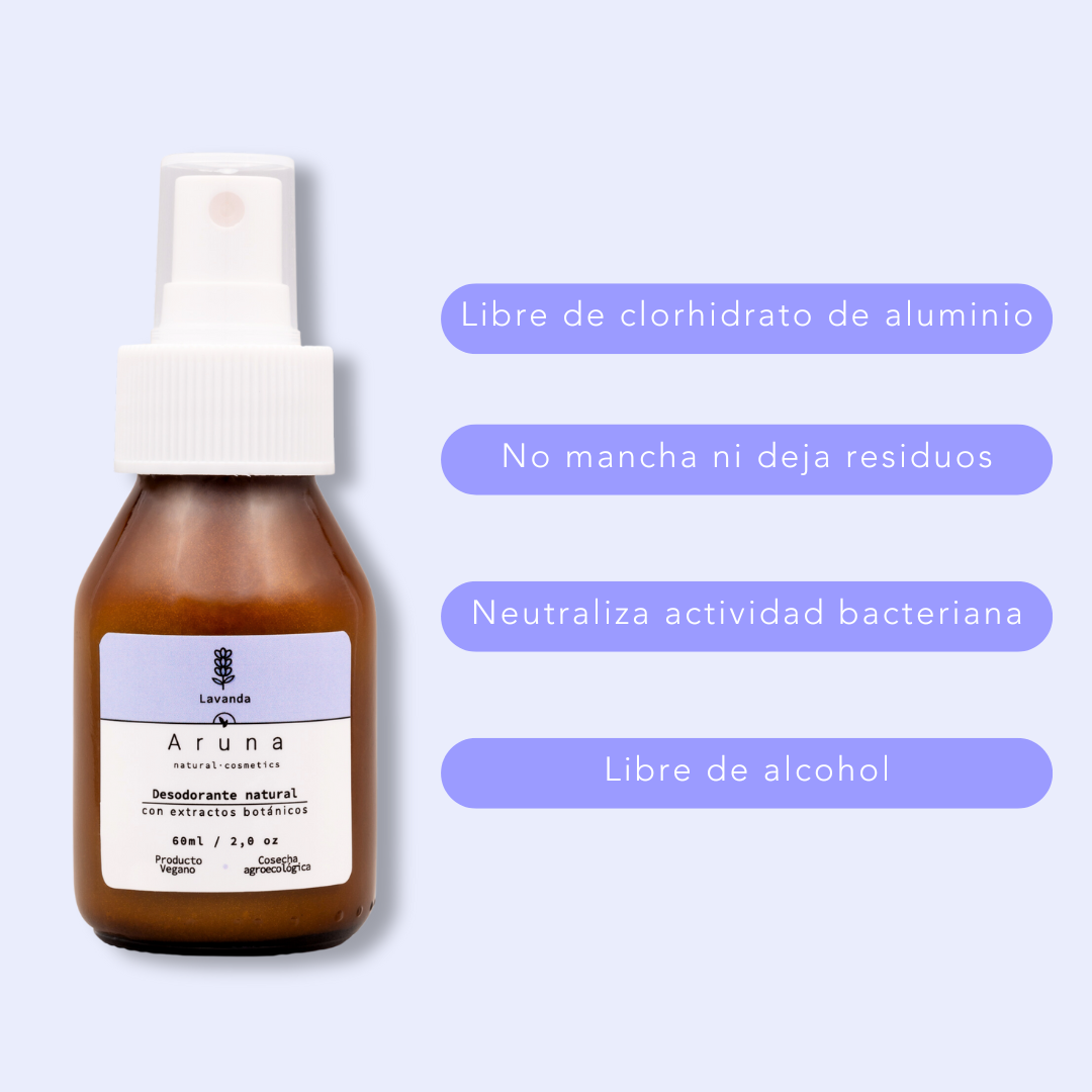 los beneficios del desodorante natural de aruná en spray con fondo plano