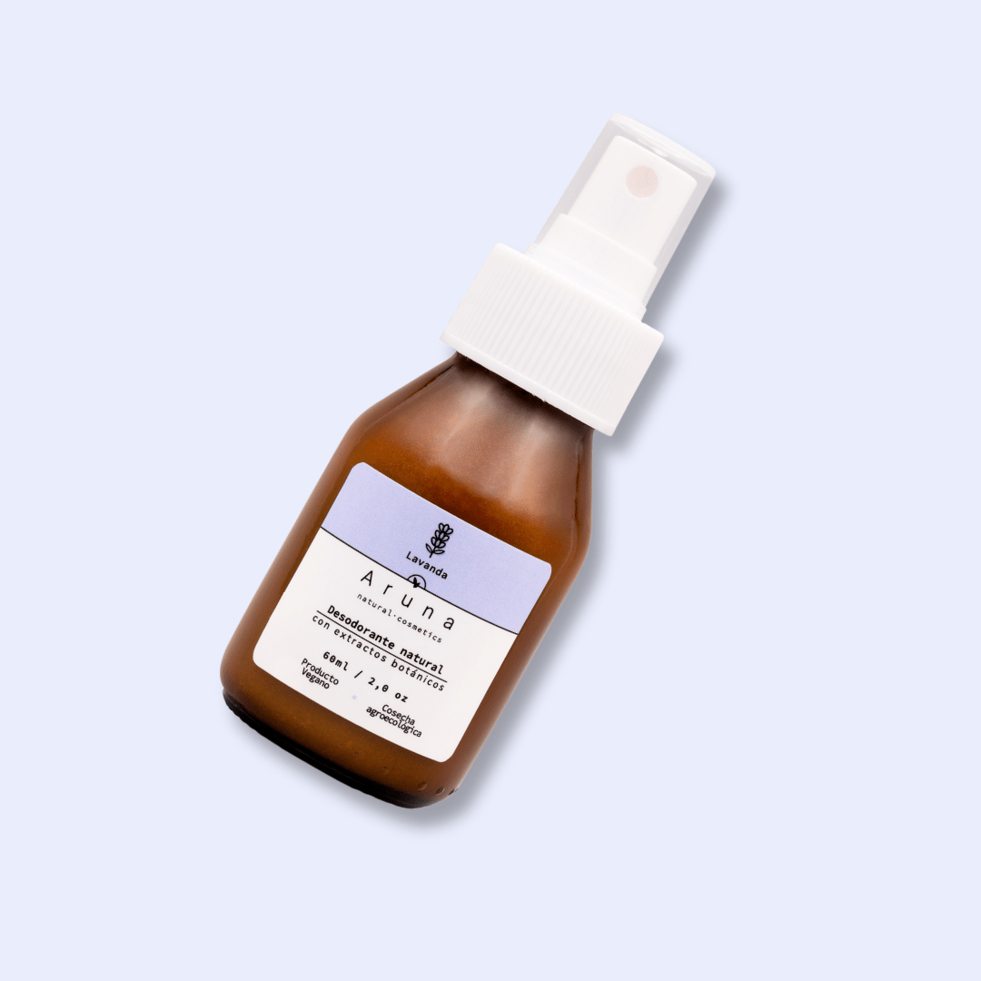desodorante natural liquido de alumbre y lavanda en spray de aruna 60ml con fondo mora 