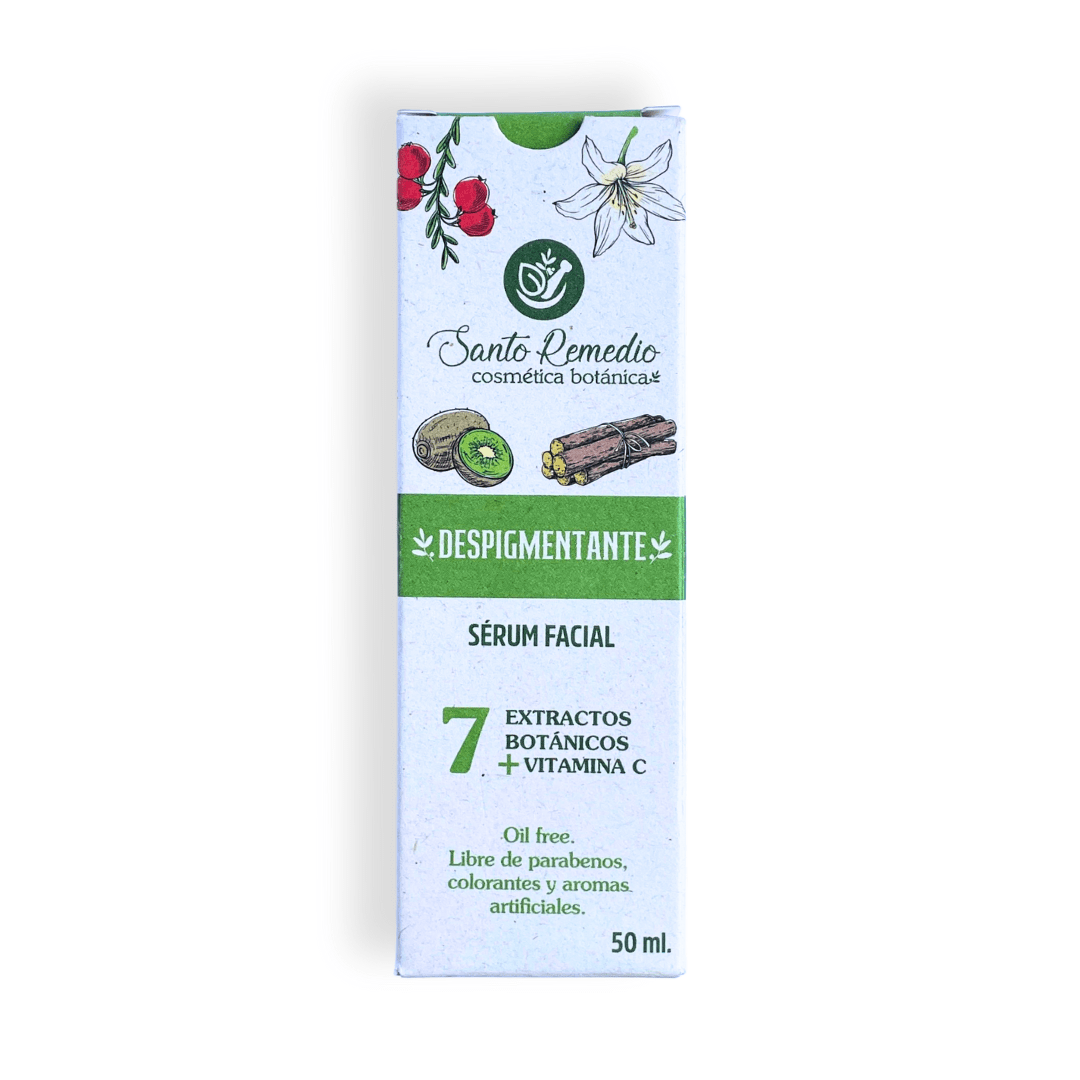 el Sérum Despigmentante Santo Remedio en su caja con fondo plano blanco 
