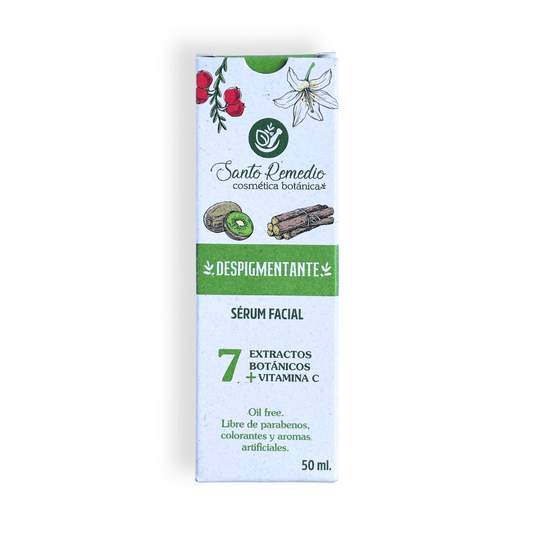el Sérum Despigmentante Santo Remedio en su caja con fondo plano blanco 