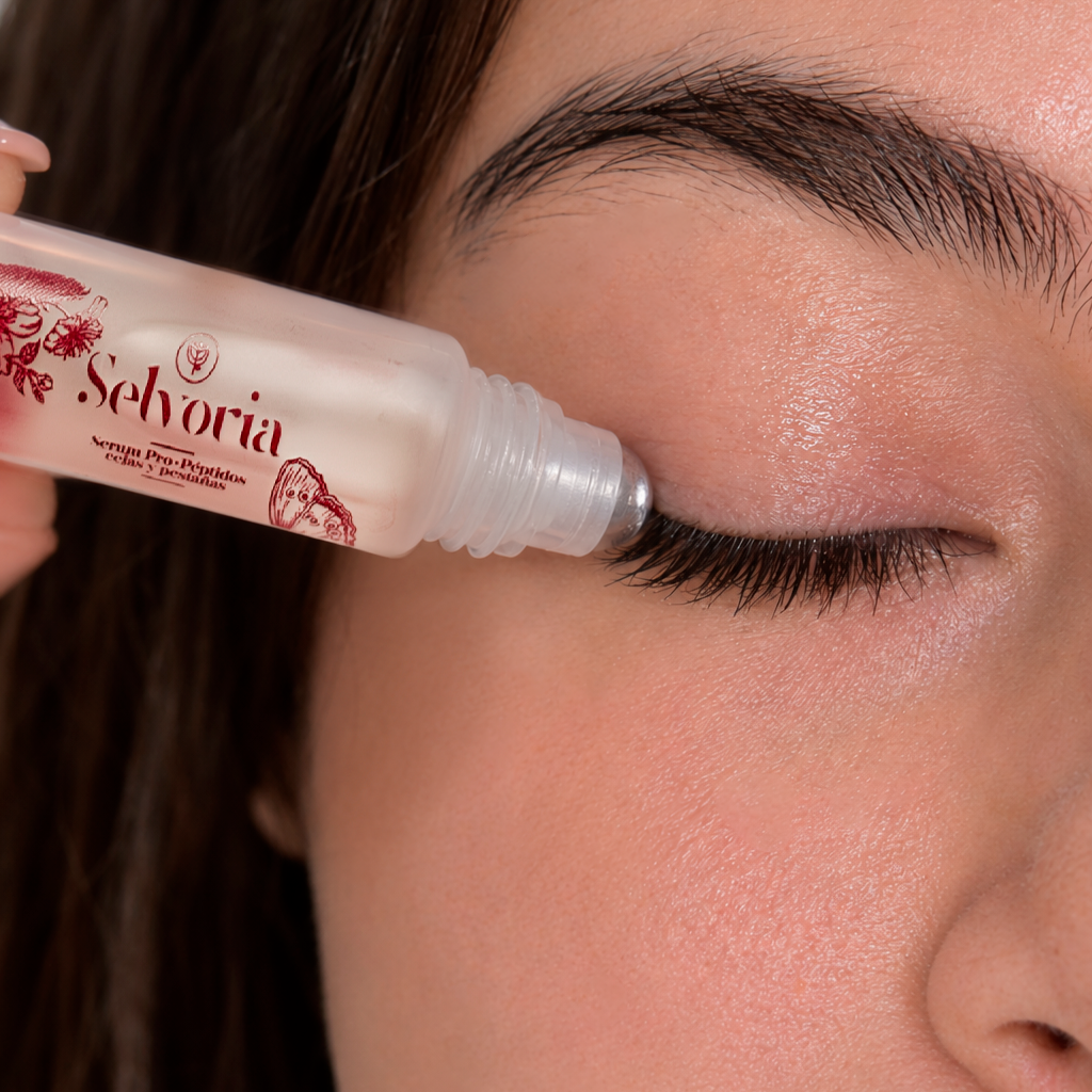 mujer aplicando en pestañas un serum de ricino
