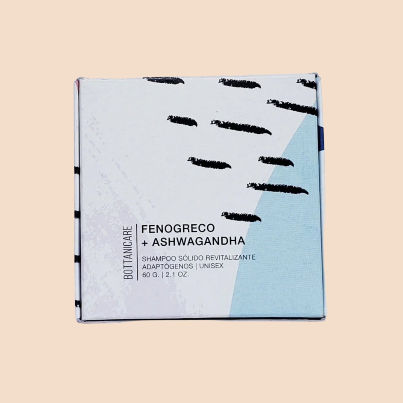 El shampoo solido fenogreco y ashwagandaha 60g de bottanicare con su caja con fondo plano.